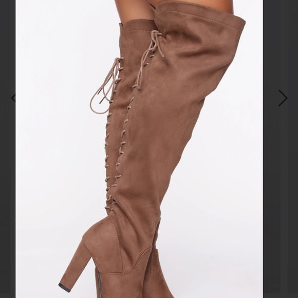 Fashion Nova Shoes - Taupe thigh high heeled boots